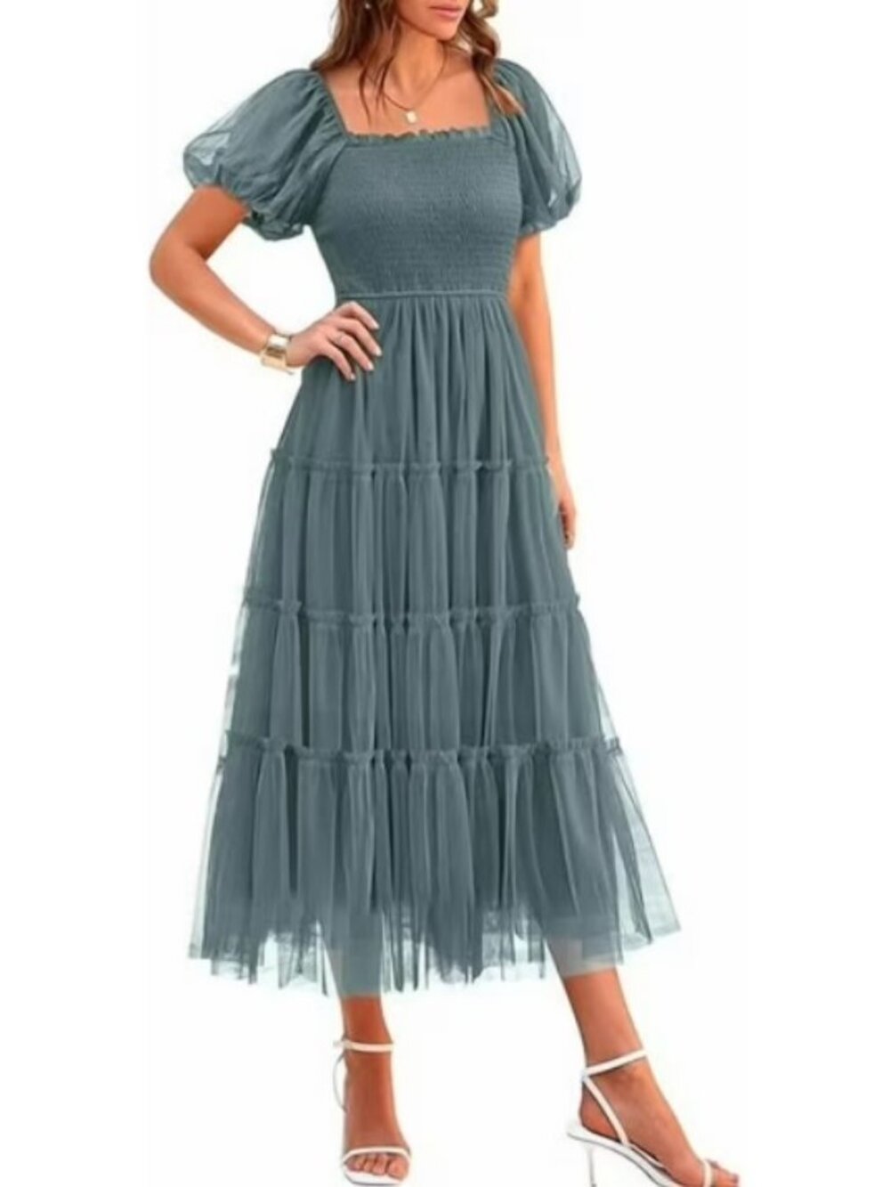 PrettyGarden Mint Green Tiered Tulle Midi Dress XL